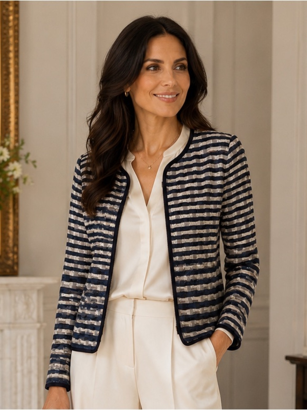 Armani Collezioni Navy and Cream Striped Jacket